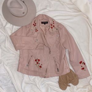 Like New Embroidered Pink Faux Leather Moto Jacket 💕